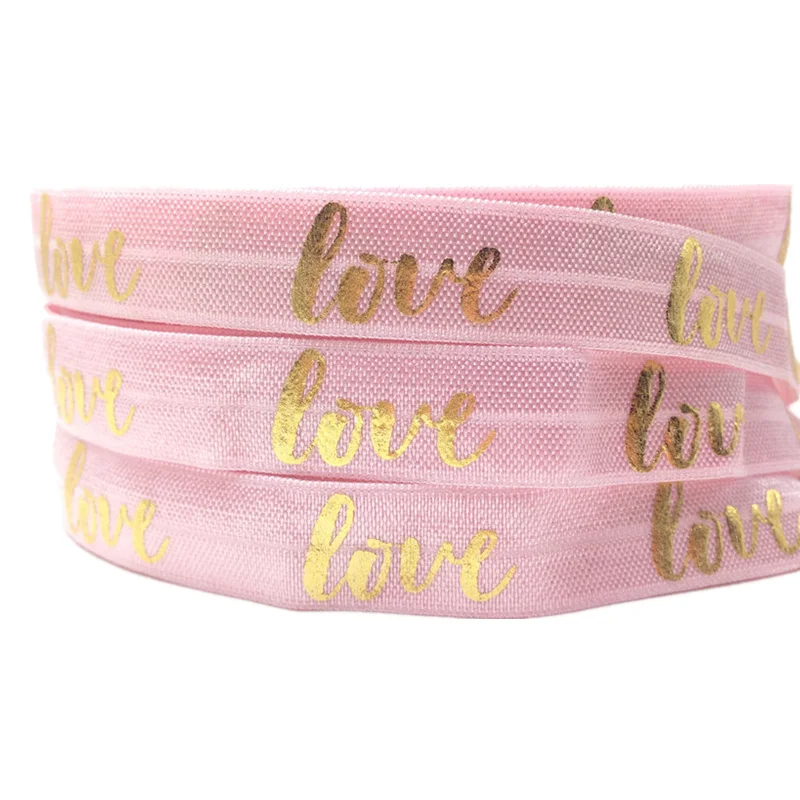 16MM Gold Silver Foil LOVE Print Fold Over Elastic 10Y FOE Satin Ribbon for DIY Headwear Bracelet Hair Accessory Wholesale