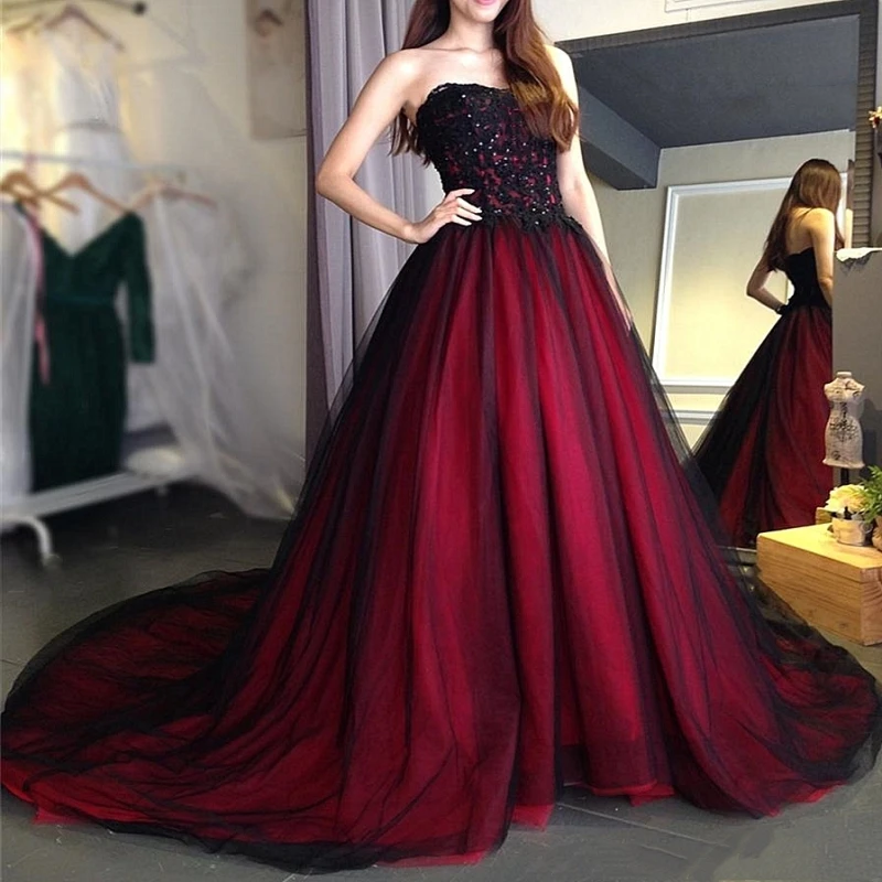 Vestido de novia gótico, Sexy, negro y rojo, con cuentas y cordones, largo, negro y Burdeos, 2020