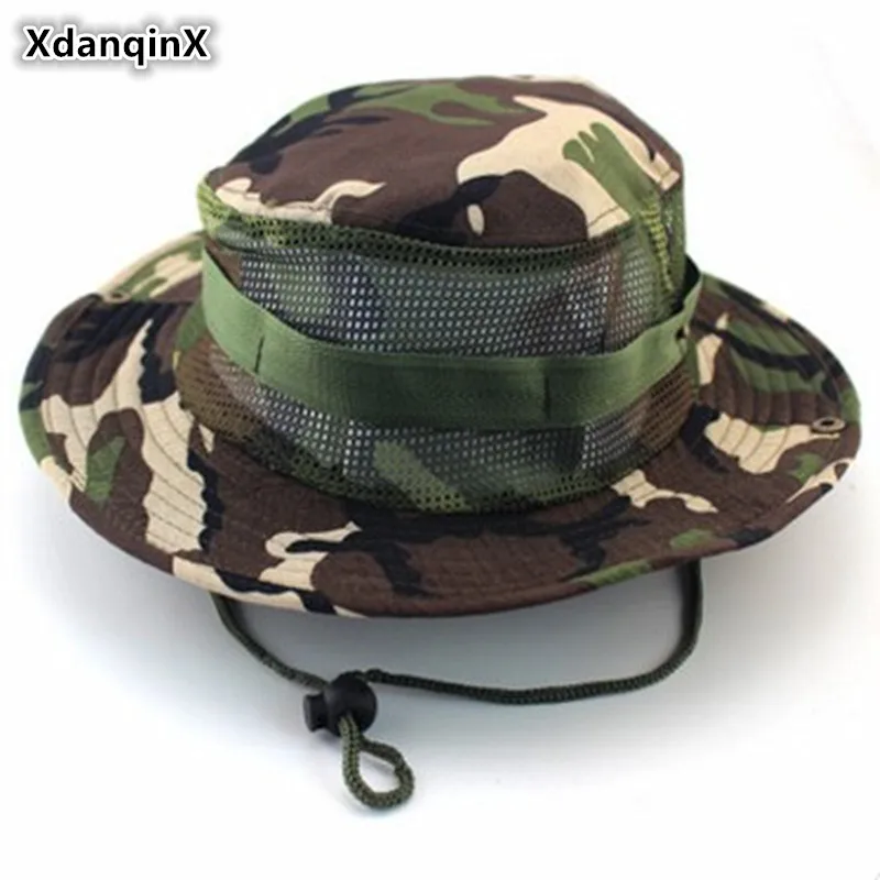 

XdanqinX Summer Men's Jungle Camouflage Bucket Hats Fashion Casual Flat Top Male Rope Fixing Mesh Breathable Panama Brands Hat