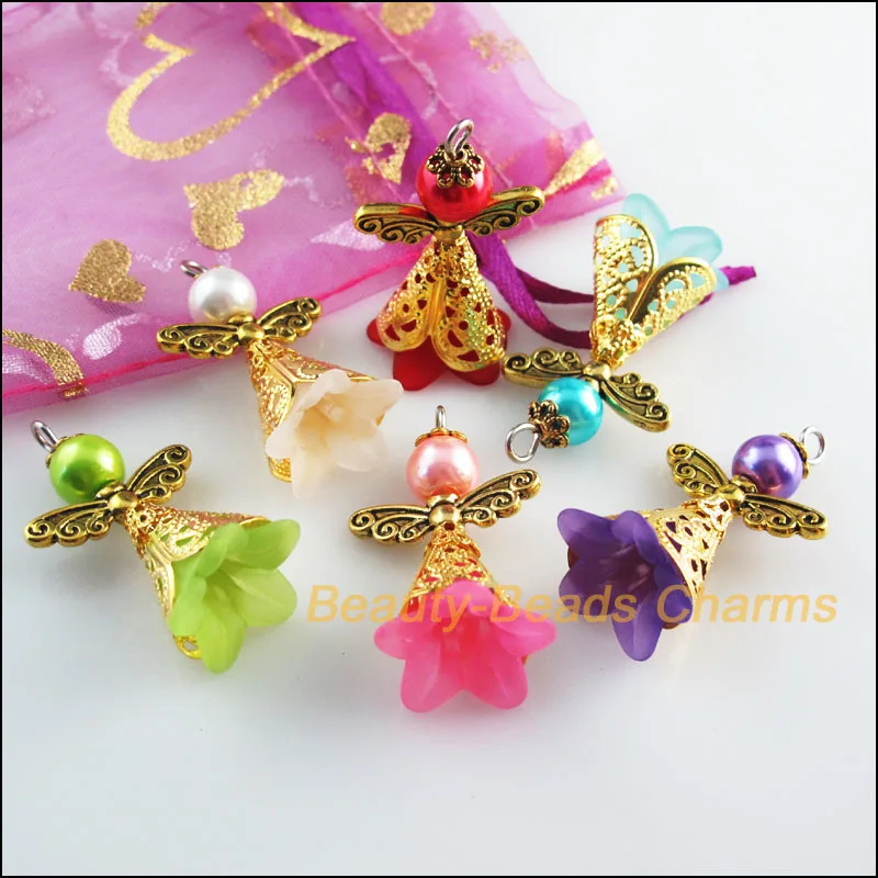 12 New Antqiued Gold Color Charms Mixed Acrylic Angel Wings Pendants 22x37mm