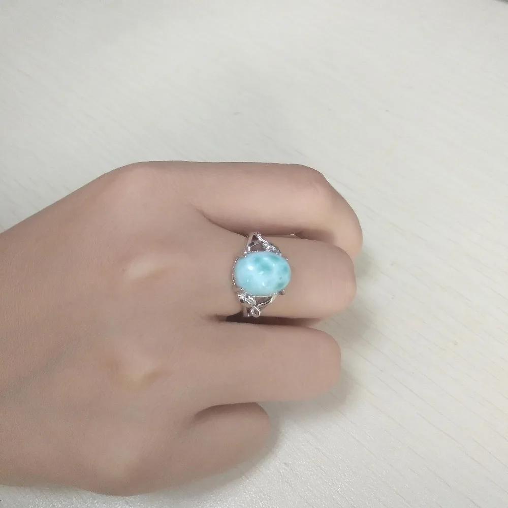 Natural Larimar Ring 925 Sterling Silver Jewelry Vintage Ring Oval 12x9mm Larimar Stone Wedding Rings Women Adjustable Ring Size