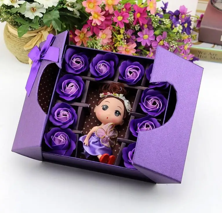 Bath Rose Flower Soap Floral Scent & Cute Girl Doll Romantic Gift Set Present Valentines Day Wedding Party Birthday decorations