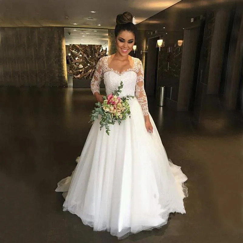 Vestidos De Novia De encaje blanco, De manga larga, línea A, vestidos De Novia hechos a medida, Vestido De Novia