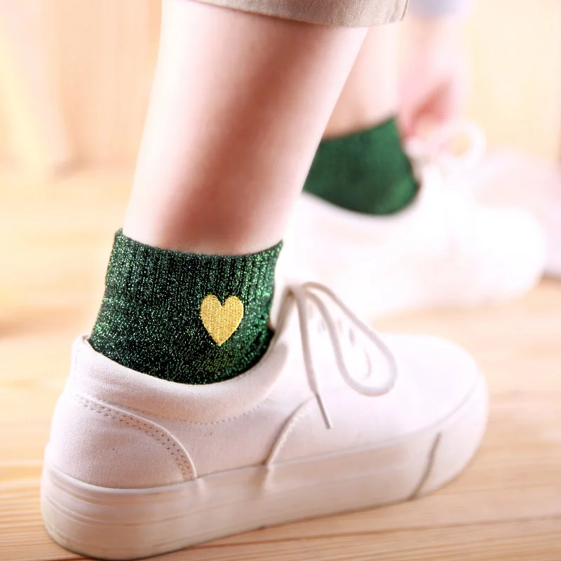 [COSPLACOOL]Embroidery Heart Love Glitter Socks Women Fashionable Silver Gold Silk Colorful Shining Sox Shiny Calcetines Mujer