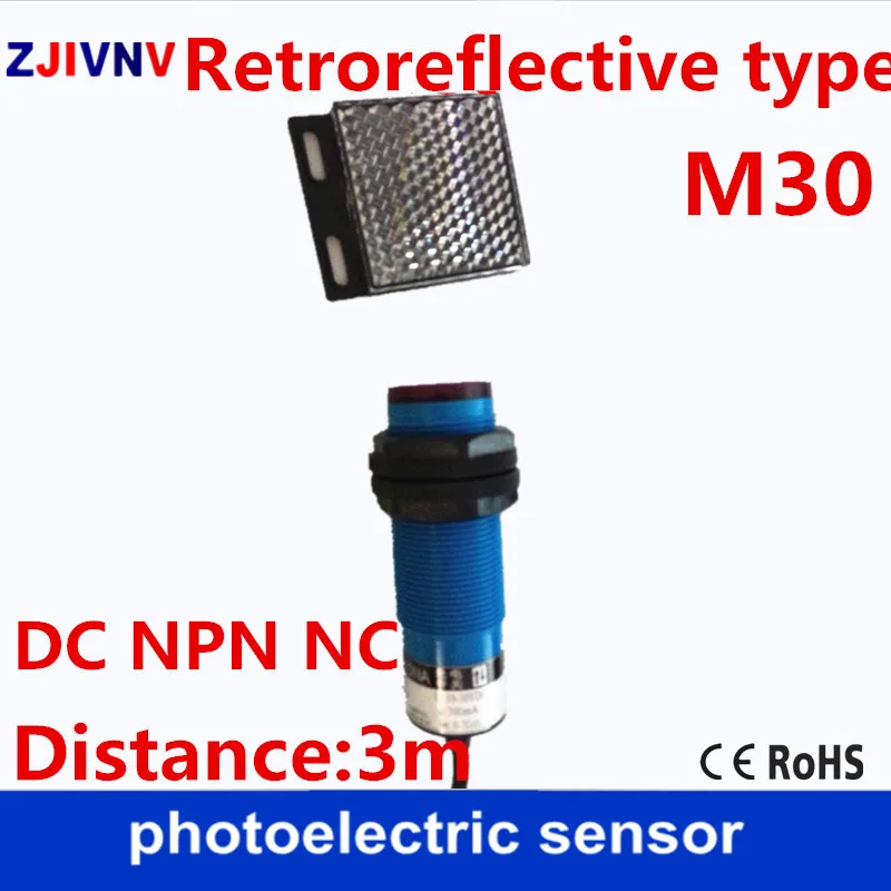 

M30 NPN NC DC Retroreflctive type Photoelectric/photocell sensor normally close switch with mirror reflector plate distance 3 m