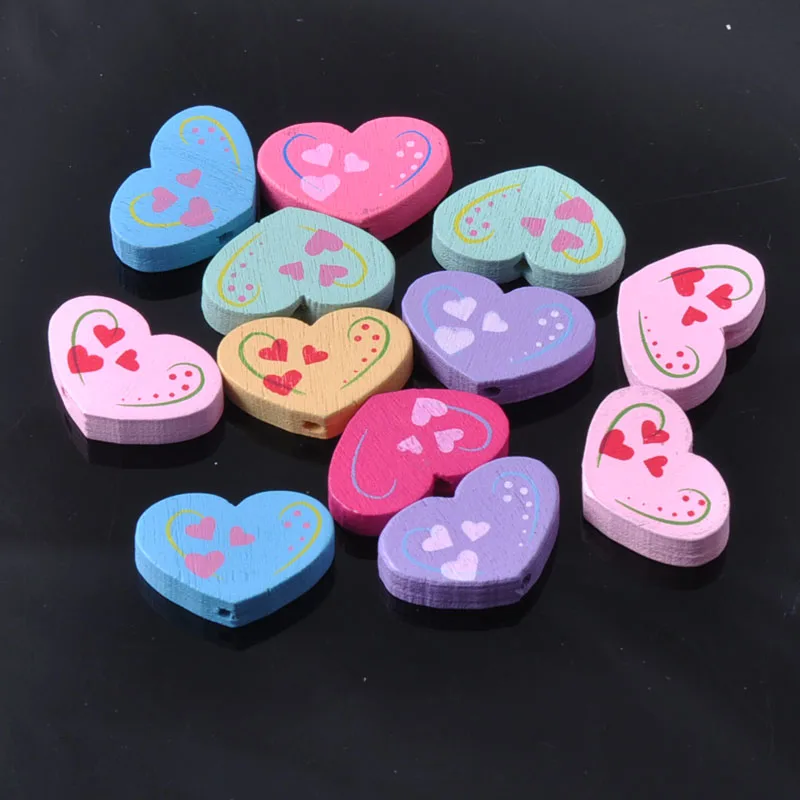 Mixed Heart Paintied Wooden Spacer Beads For handwork Jewelry 19x13mm 50pcs MT0424X