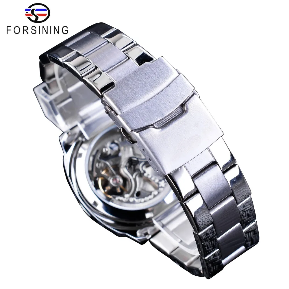 Forsining Silver Watches Folding Clasp with Safety Men\'s Automatic Watches Top Brand Luxury Transparent Watches Luminous Hands