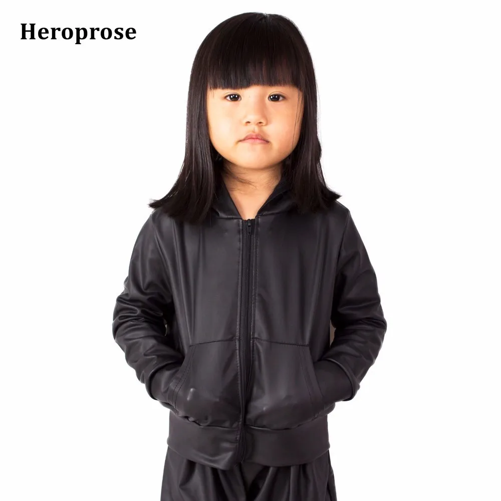 Spring And Autumn Kid Bomber Jacket Stage Performance Wear Paillette Feminina Casaco Black Patent Leather Hip Hop Dance Coat