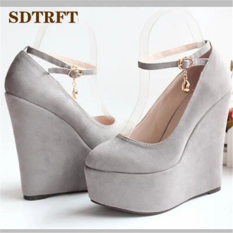 SDTRFT stilettos small Yards:30 31 32 33-43 sweet 15cm High-Heeled Ankle strap Suede platform shoes wedges shallow mouth pumps