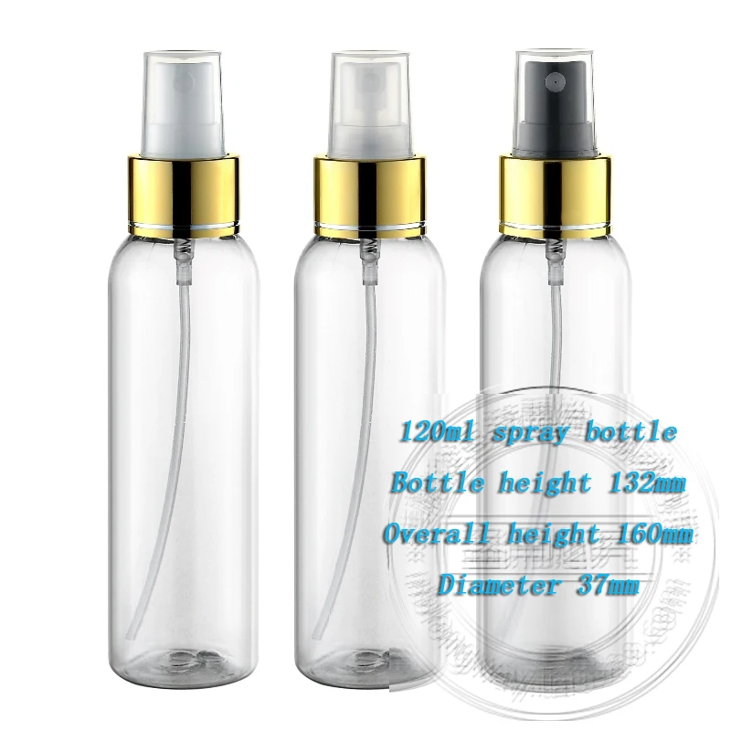 

free shipping Capacity 120ml 30pcs/lot Rounded shoulders qualities bright gold spray bottle (with tangential) ,pet bottle