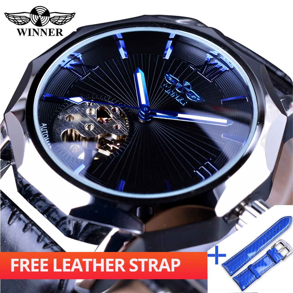 Winner Watch + Band Set Combination Blue Ocean Geometry Transparent Skeleton Men Brand Luxury Automatic Fashion Mechanical Clock