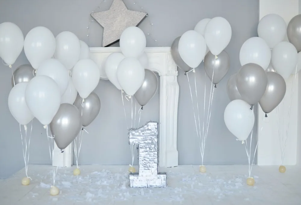 

VinylBDS 7X5FT Children 1st Photography Backdrop White Balloons Party Backdrops Newborn Washable Background Photo Studio