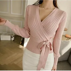 Elegant Pink V Neck Lantern Sleeve Lacing up Wrap Sweater Women 2019 Spring Fall Black OL Cardigan Knitted Jumper Ladies Tops