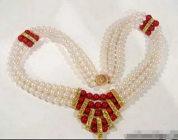 

FREE SHIPPING Hot sale 3 Rows Real White Pearl Red Coral 18KGP Crystal Clasp Necklace