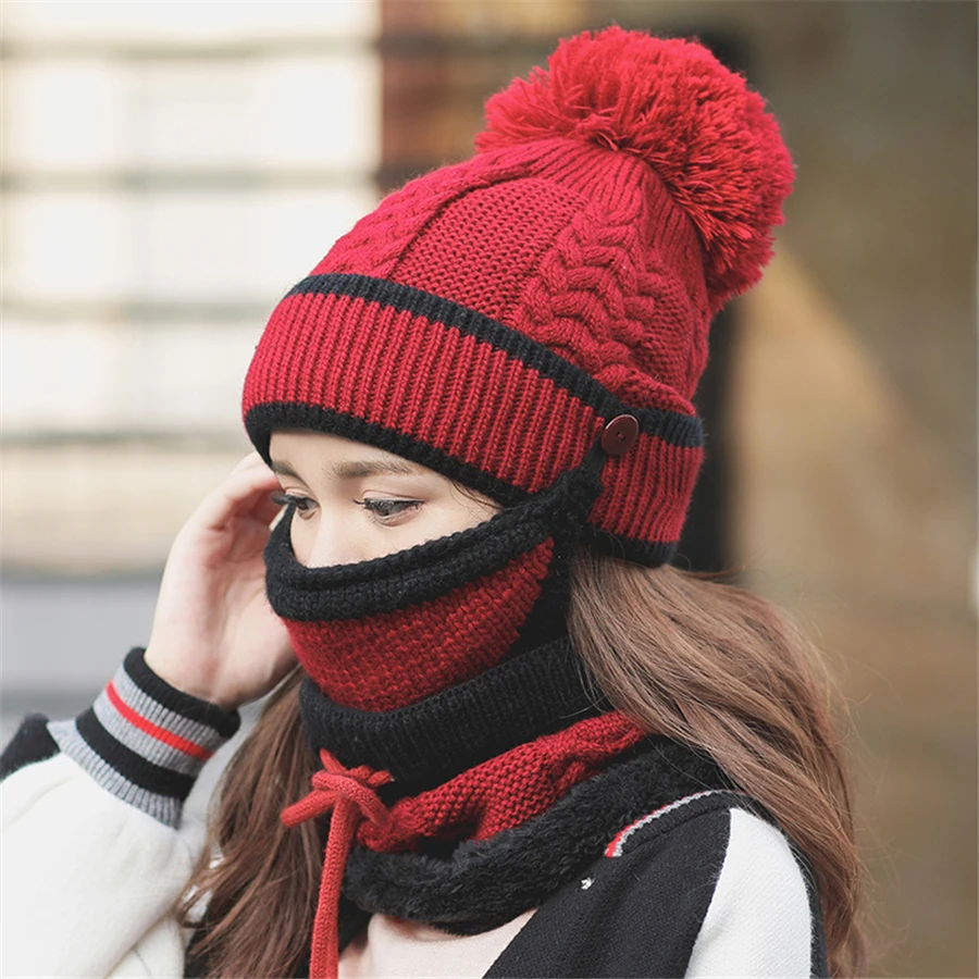 

Set 3 Hats Women Winter Beanies Velvet Thick Bib Ear Protector Skullies Beanie Hat Riding Hat Female Warm knitted Wool Cap