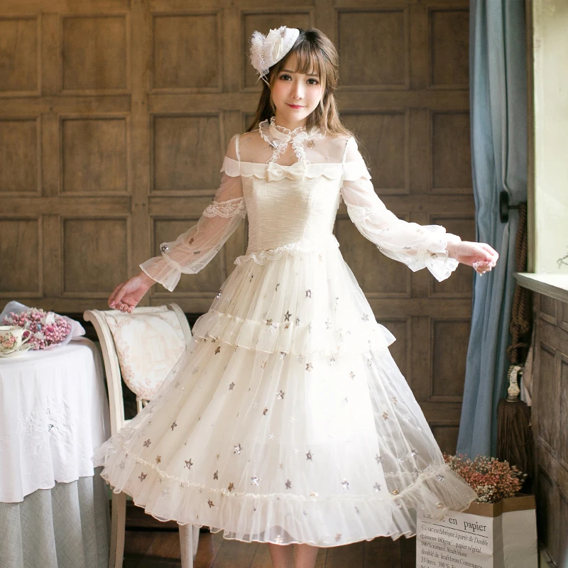 

Princess sweet lolita dress Candy rain dress autumn lace sweet pure color slim long sleeve princess dress C22AB7175