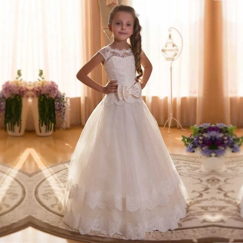 

Girl Communion Party Prom Dresses Bow A-Line Short Sleeves Solid O-Neck Princess Pageant Bridesmaid Wedding Flower Girl Dress