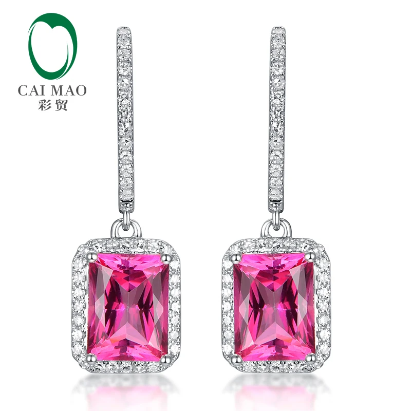 Caimao 14KT White Gold 5.65ct 7x9mm Emerald Cut Good Pink Topaz Diamond Engagement Earrings Dangle