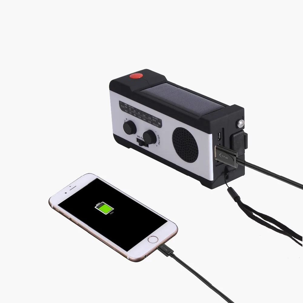 Radio Solar portátil con manivela de mano, Radio am/fm con cargador de teléfono de emergencia, linterna LED de 2000mAh y 1W