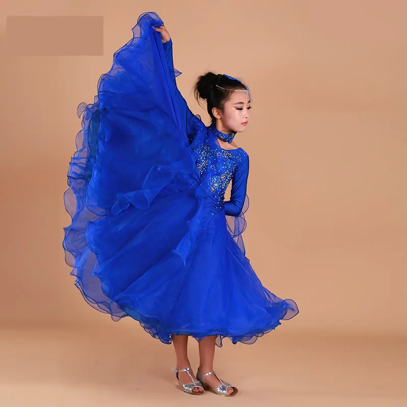 Luxury Rhinestone Girls Embroidery Pendulum Standard Ballroom Dance Dress Children Tango Flamenco Waltz Dance Competition Dress