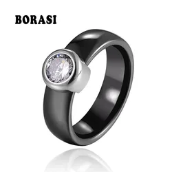 New 6MM Ceramics Ring Fashion Exquisite Cubic Zirconia Ceramic Ring for Women Big Crystal Wedding Female Teen Ring Jewelry