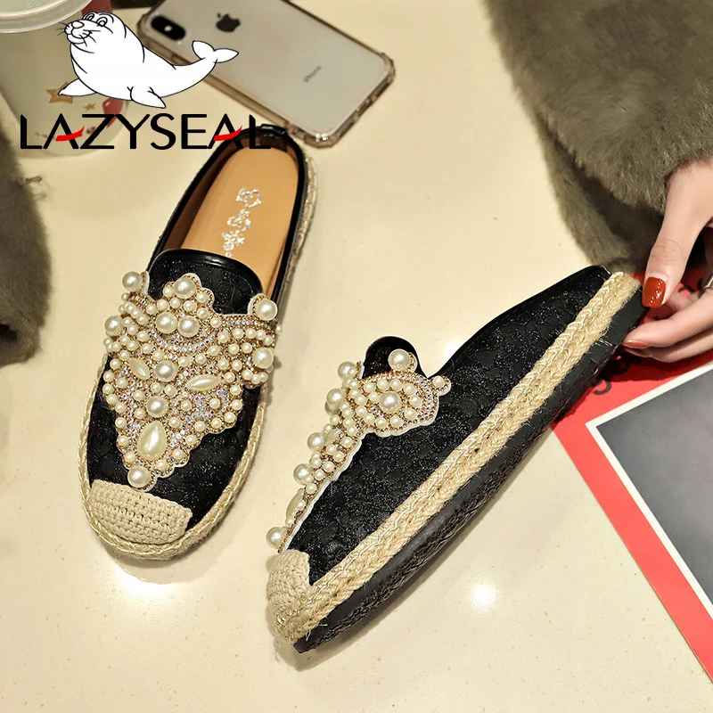 LazySeal 2020 Spring Slides Women Shoes Pearl Loafers Flat Heel Shoes Lazy Cane Women String Bead Moccasin Mules Shoes For Women