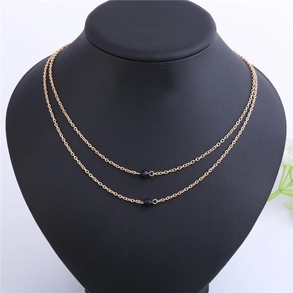 Joker Fashion Ultimate Simple Double Black Crystal Model Double Short Clavicle Chain Barrel Bead Necklace Sweater Necklace