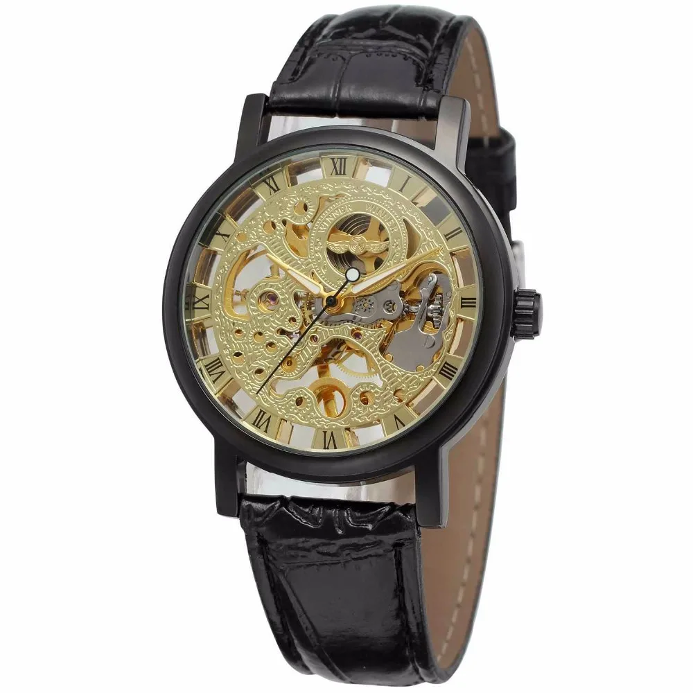 

New Hot Sale Skeleton Fashion Mechanical Men Watch Luxury Branded Business Leather Strap Wristwatch Classic Gold Watch Nice Gift