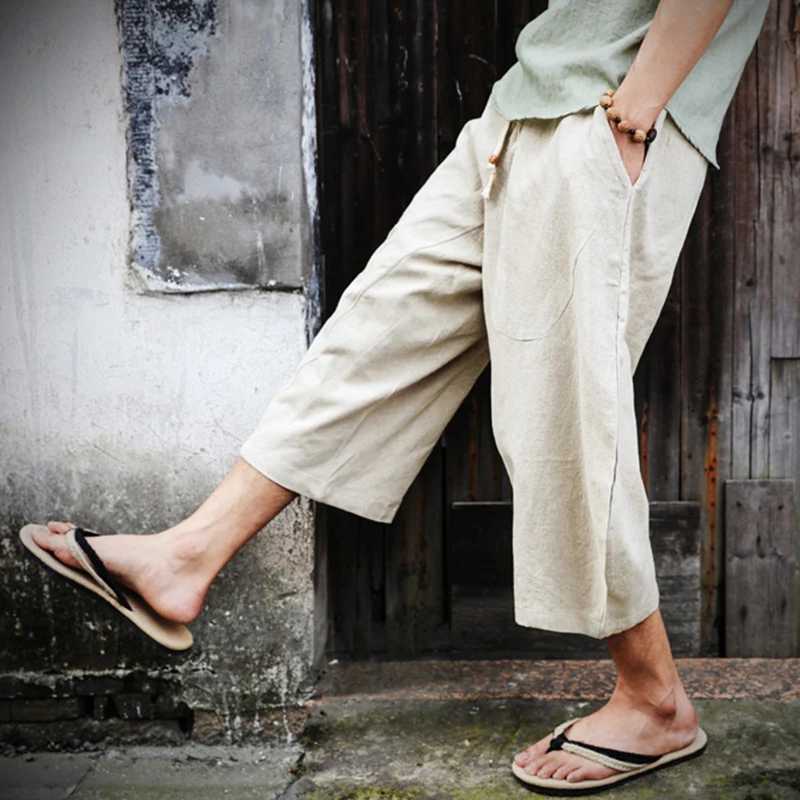 SHIFUREN Summer 2019 Loose Men Capri Pants Linen Cotton Harem Pants Wide Leg Comfortable Male Short Trousers Beachwear Plus Size