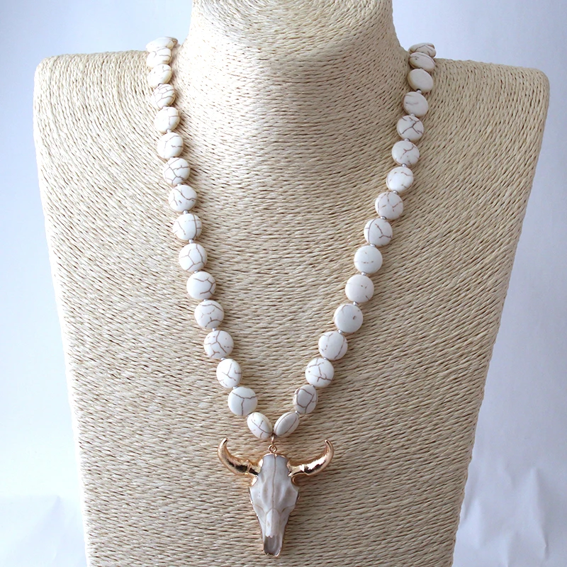 Fashion Knotted Flat White Stone Horn Pendant Ethnic Necklace Bohemian Tribal Jewelry