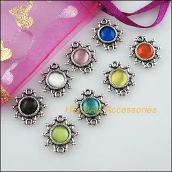 16Pcs Tibetan Silver Flower Mixed CatEye Stone Charms Pendant Connectors 14x15mm