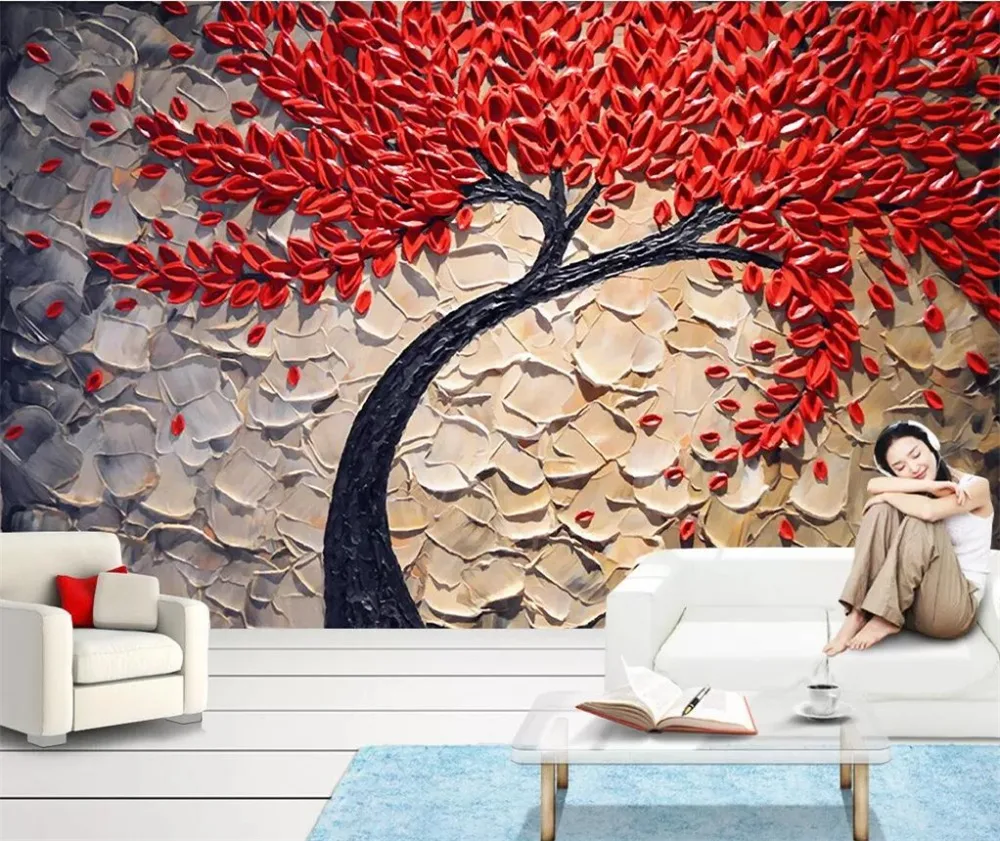 

beibehang Custom wallpaper 3D red fortune tree oil painting bedroom knife painting rich living room 3d wall papers home decor