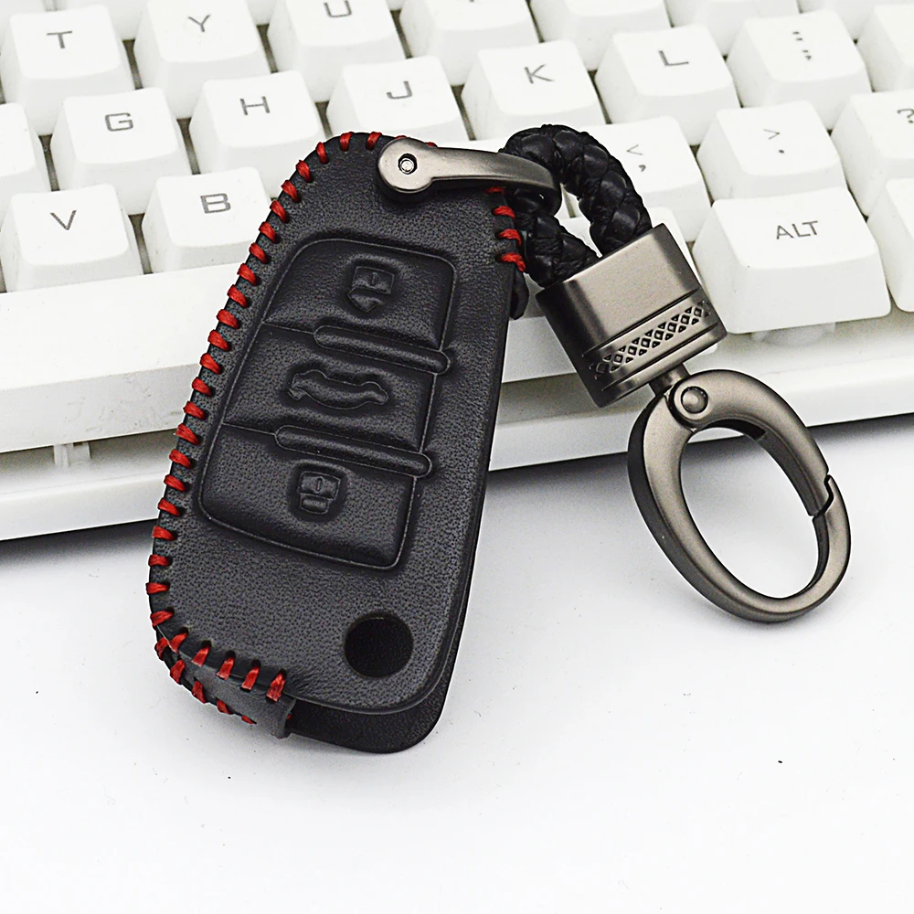 

Leather Car Key Cover with Short Hand Woven Braid Key Ring For Audi A6 C6 C5 A3 A4 B6 B7 B8 B9 Q7 Q5 A2 A5 R8 TT Car Accessories