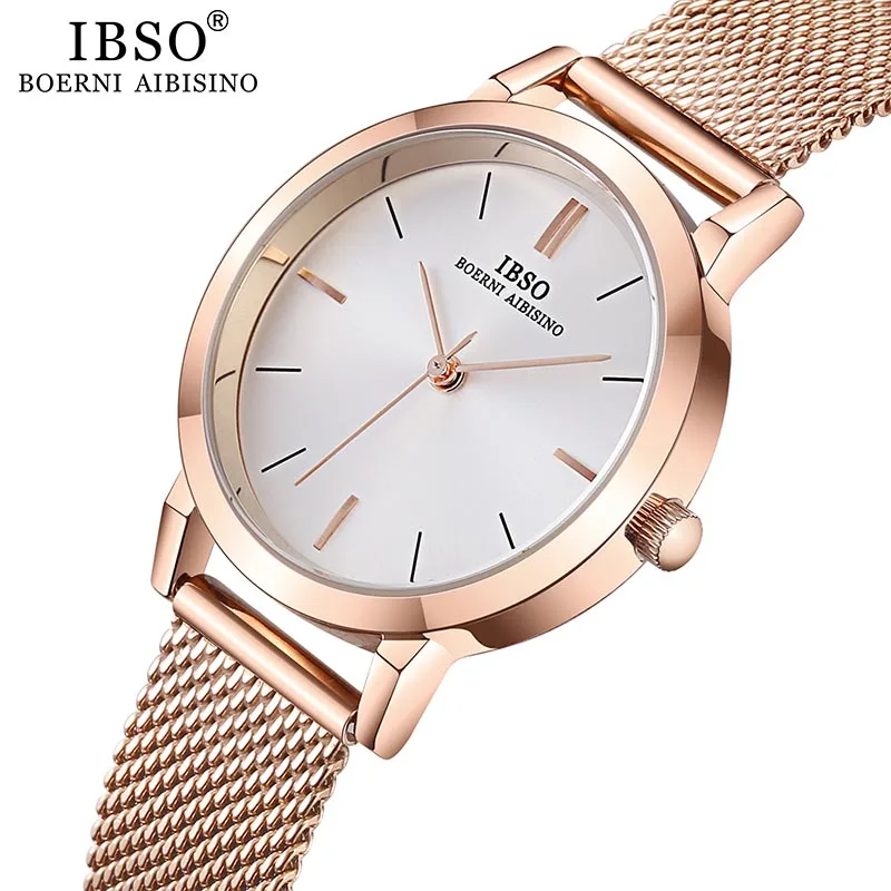 IBSO Women\'s Quartz Watches Fashion Ultra thin Stainless Steel Mesh Strap Quartz Clock Hours Ladies Simple Relogio Masculino