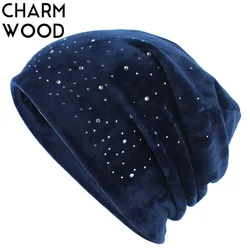 Winter Velour Slouchy Beanie Hat for Women Cashion Rhinestones Diamond Skullies&Beanies Female Balavaca Soft Warm Hats