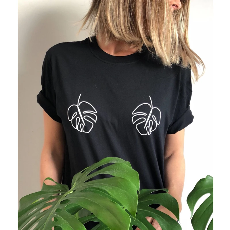 Monstera Leaf Boobies T-shirt New Fashion Women Graphic Funny Tee Shirt Top Summer Aesthetic Short Sleeve Cotton Feminist Tshirt