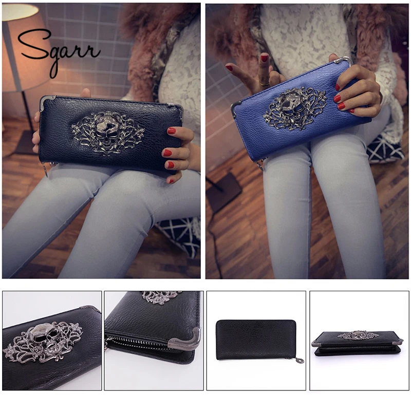 SGARR Women Wallets Fashion Designer PU Leather Punk Wallets Female Long Skull Ladies Clutch bag Famous Brand Famale Purse