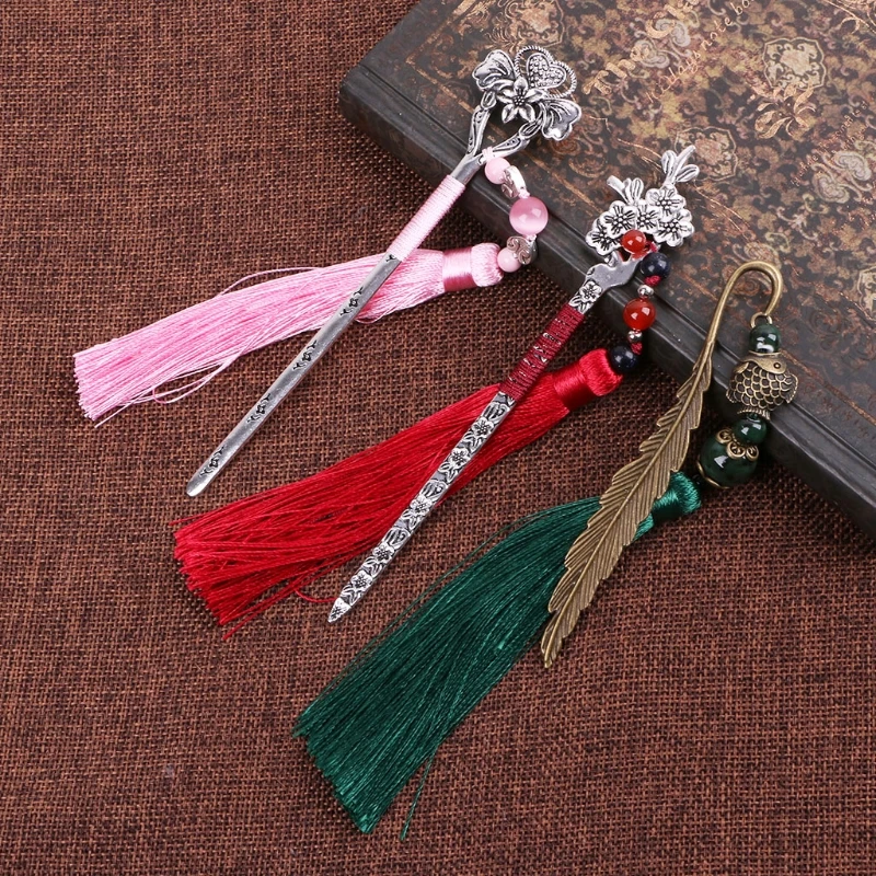 Chinese Style Vintage Antique Metal Bookmark Handmade Weave Long Tassel Beads Traditional Book Mark School Office Supplies L29K