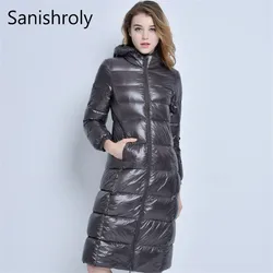 Sanishroly 2022 Winter Women Long Hooded White Duck Down Puffer Jacket Female Ultra Light Down Coat Parkas Outerwear Tops 4XL