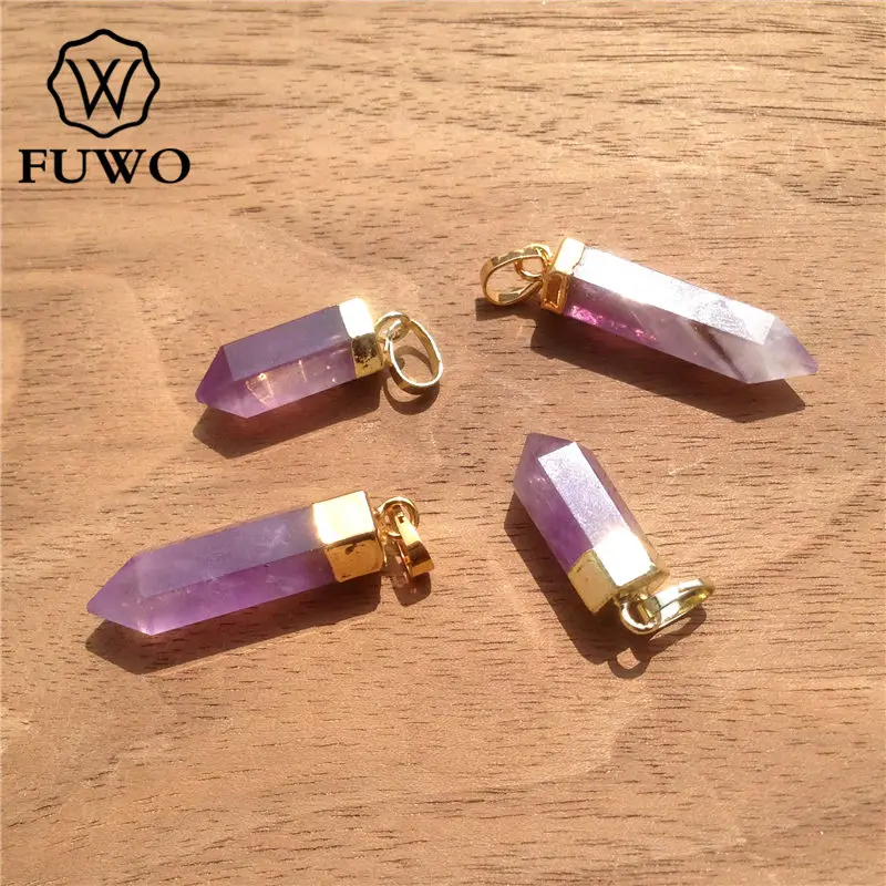 FUWO Wholesale Natural Amethysts Point Pendants,Bullet Shape Purple Crystal Accessories For Women DIY Jewelry Making 5Pcs PD117