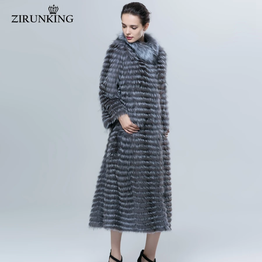 ZIRUNKING Autumn Luxury X-Long Style Real Silver Fox Fur Coat For Women Natural Fur Classic Stripe Syle Long Outerwear ZCW-18YL