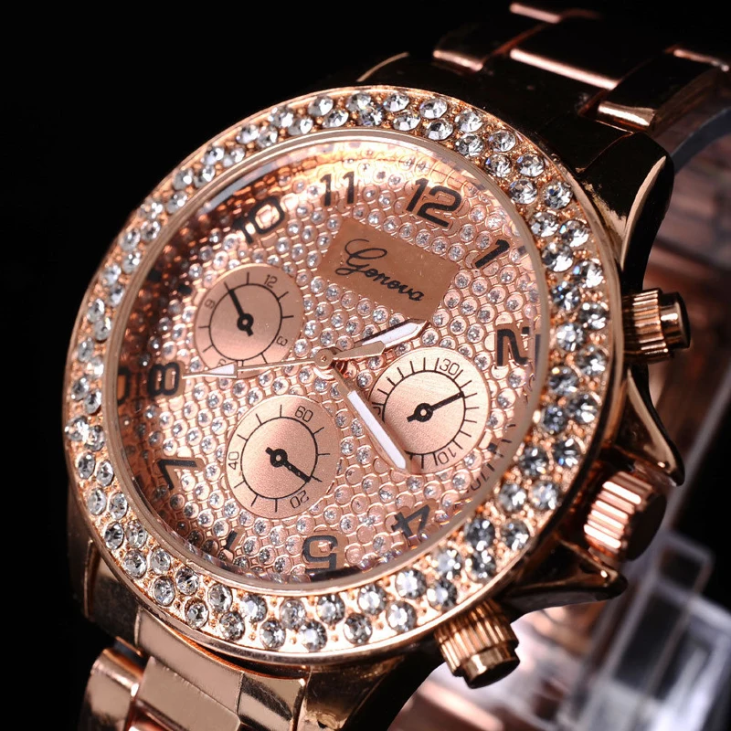 Bling Rose Gold Strass Donna Ragazze di Cristallo Del Braccialetto Del Quarzo Orologio Da Polso 3 Occhio