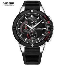 MEGIR Men's Military Sport Chronograph Watches Silicone Army Quartz Wristwatch Relogios Masculino Top Brand 2095 Silver Black