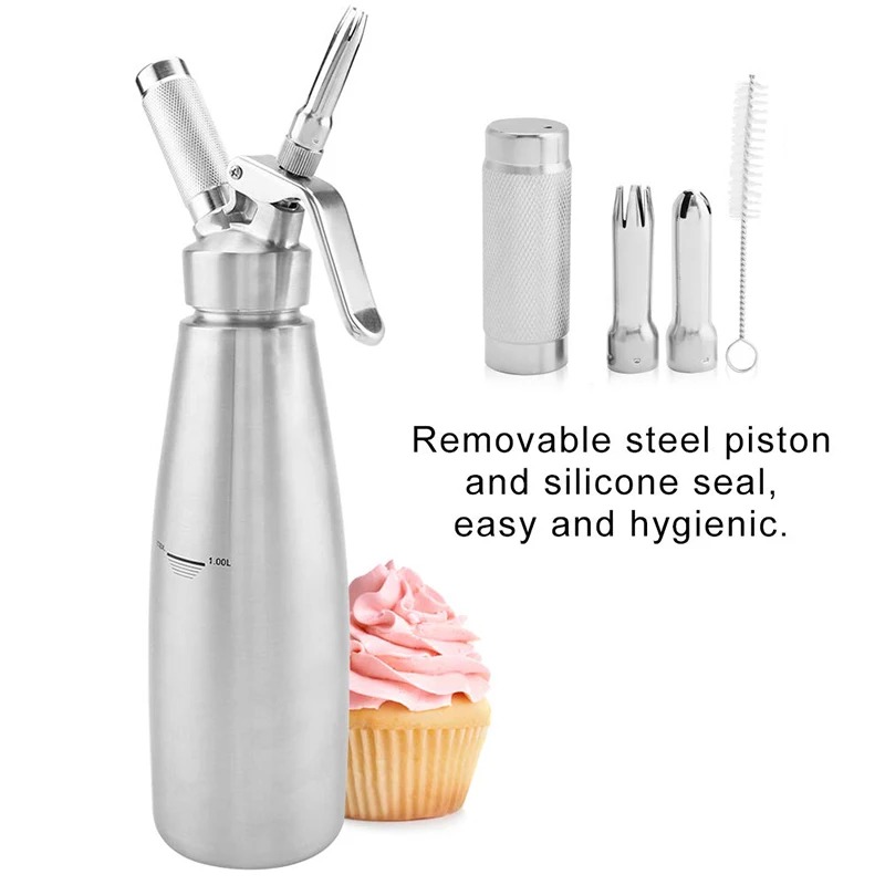 

Military Grade Stainless Steel 1 Litre (1000ml)Whipped Cream Dispenser/Cream Whipper with 3 Decorating Nozzles