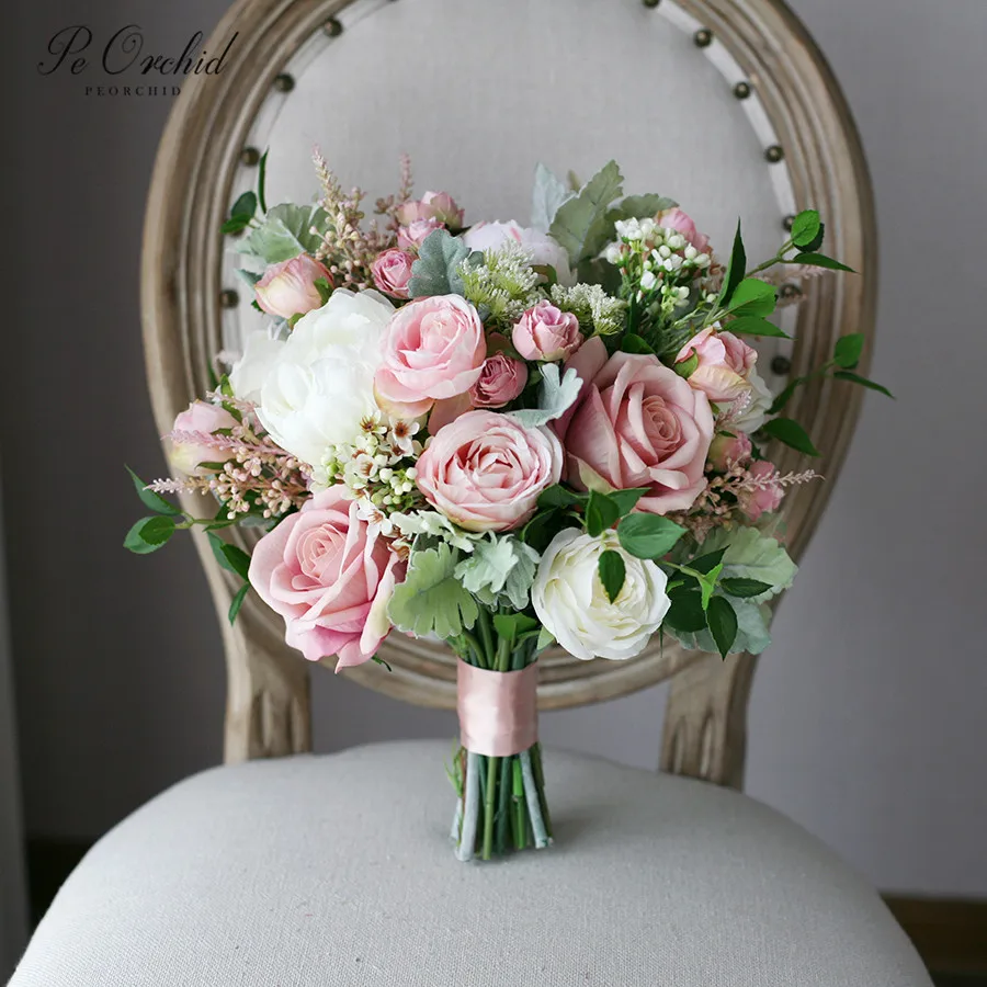 

PEORCHID Vintage Wedding Bridal Bouquet Artificial Ramo Novia Boda Decoration De Mariage Blush Pink Rose Flowers Brides Bouquet