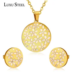 LUXUSTEEL ensemble collier Sets Golden Color Flower Shell Pendant Necklace Earring Brinco Bijoux Wedding Party Wholesale