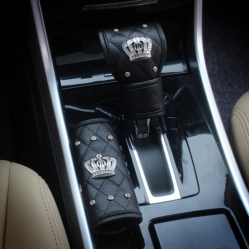 الموضة كريستال تاج الجلود سيارة والعتاد غطاء السيارات اليد الفرامل غطاء شيفتر والعتاد مقبض غطاء التصميم اكسسوارات السيارات الداخلية