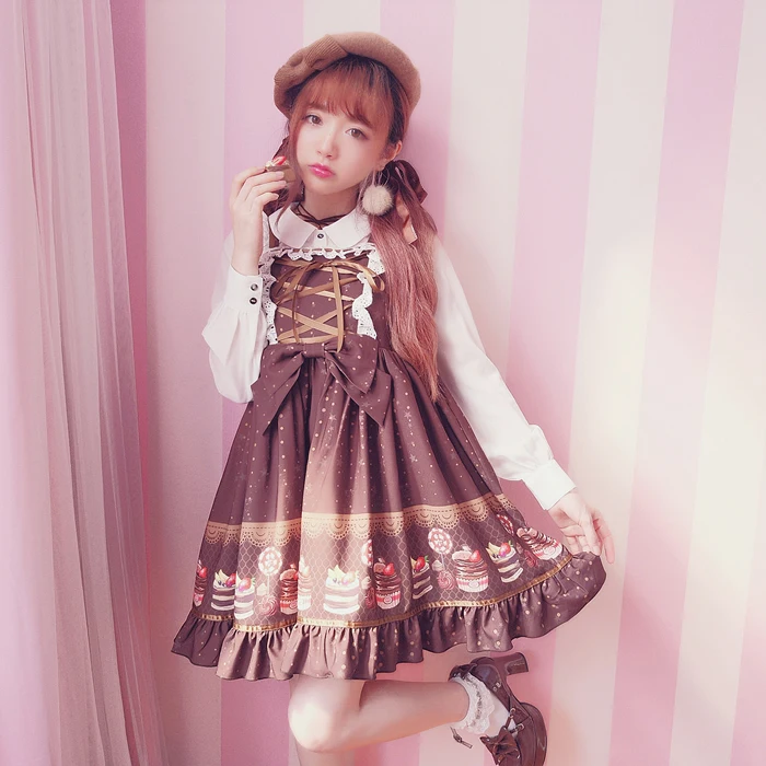 

Princess sweet lolita dress Bobon21 sweet tea cake of chocolate dessert adorable printing straps and beautiful lace dress D1534