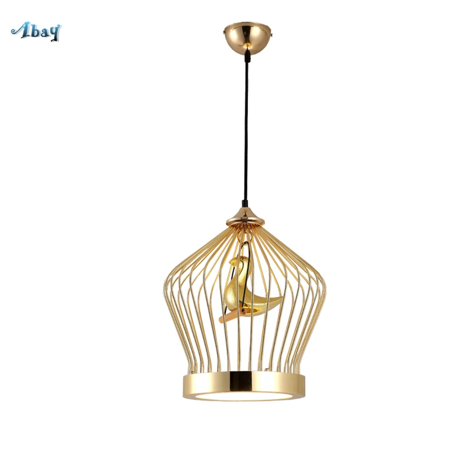 Nordic Modern Gold Cage Shape Pendant Lights for Dining Room Bedroom Living Room Iron Bird Hanging Lamp Light Fixture Acrylic