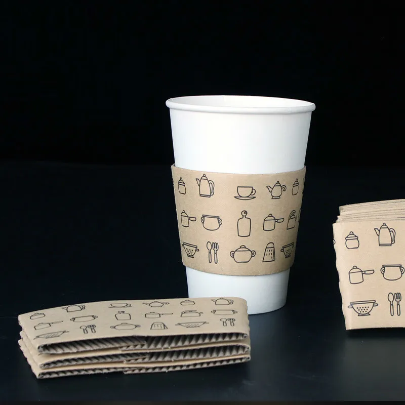 100 pcs Disposable Cup sleeve Cartoon Double-deck corrugated coffee disposable paper Cup sleeve tableware Customized supplier